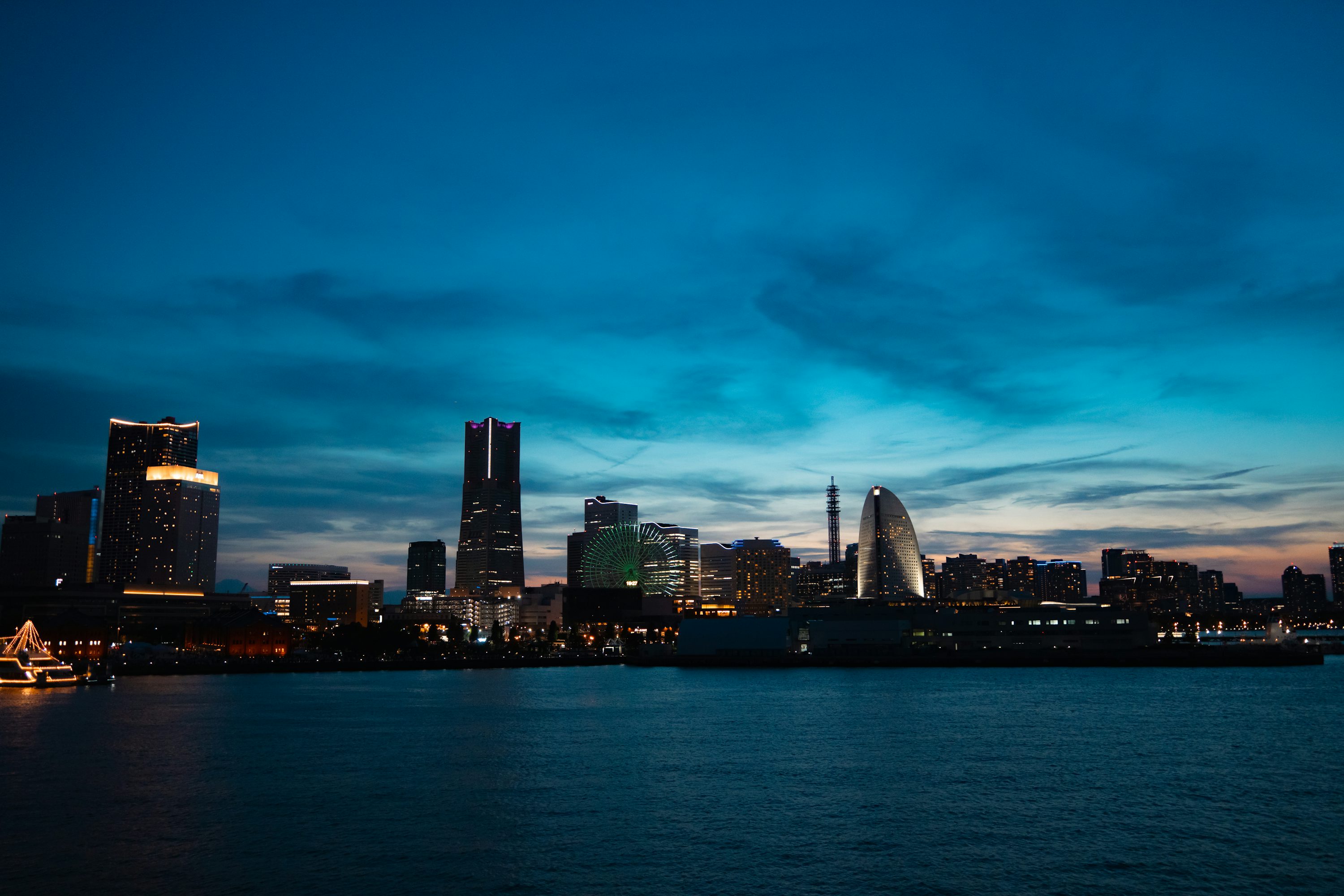 Modern city skyline at twilight